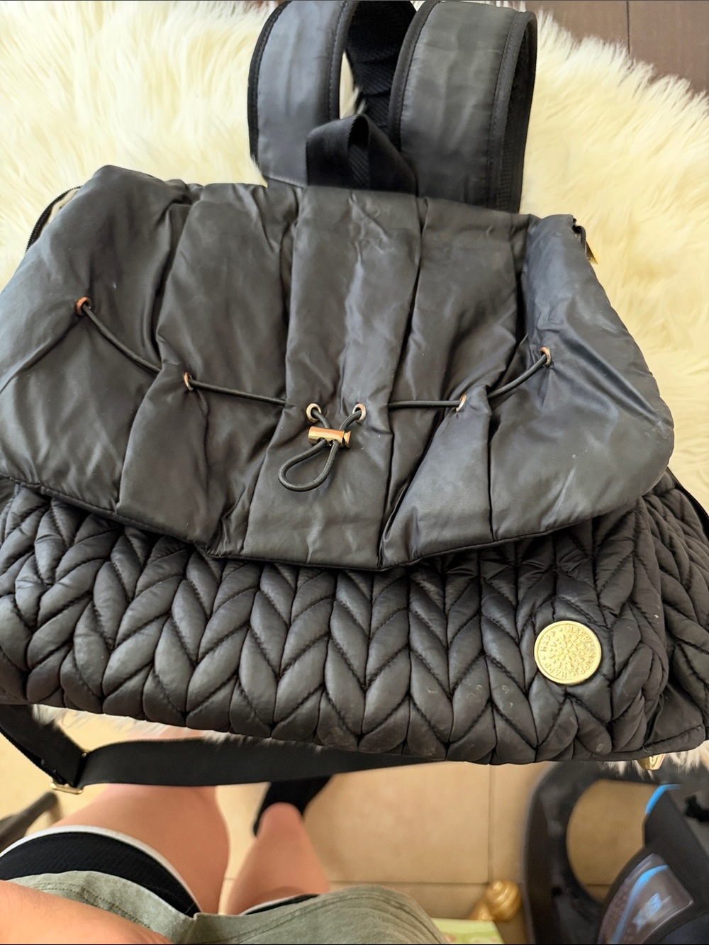 Black Quilted Drawstring Backpack with Braided Front